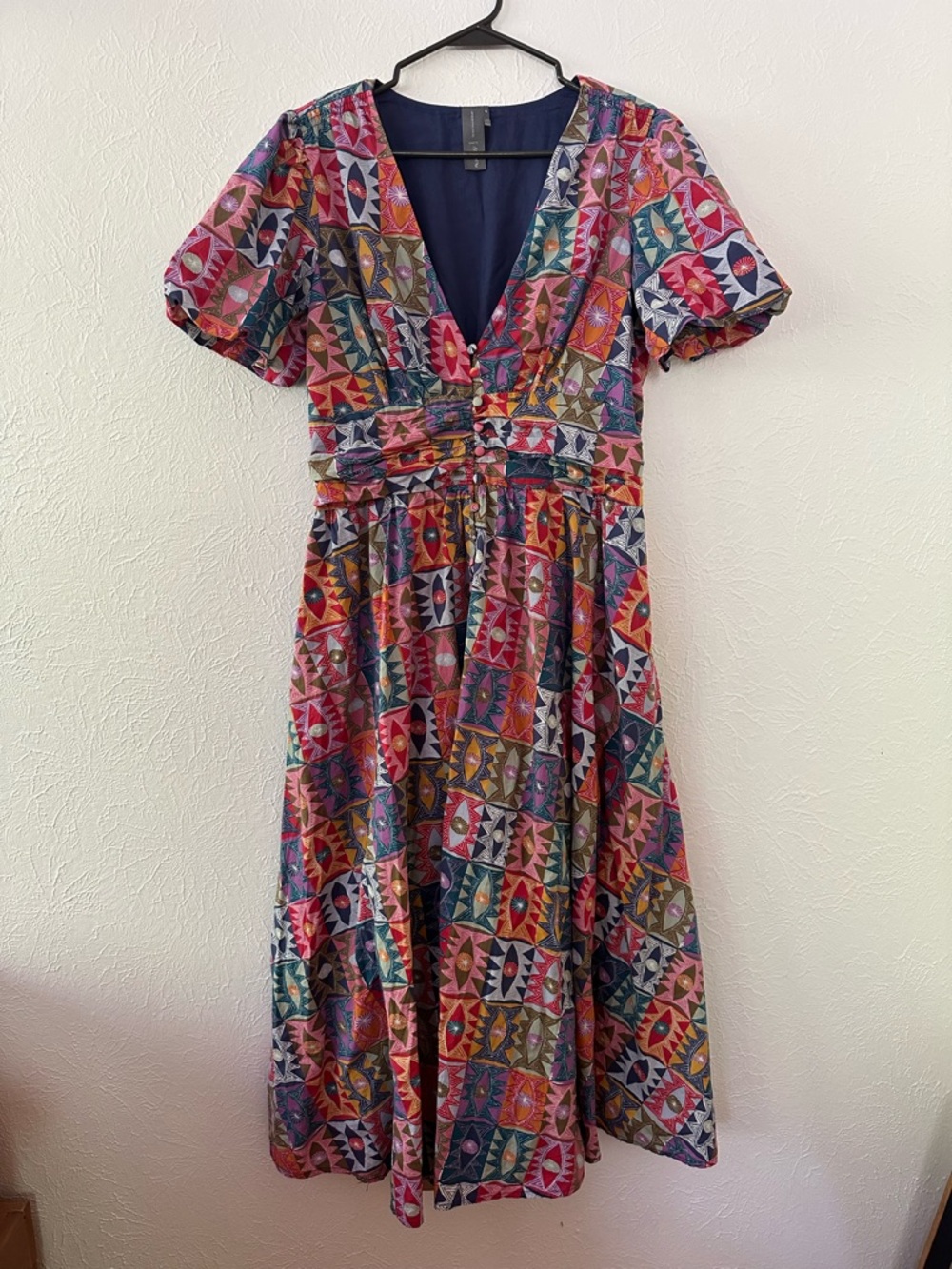 Anthropologie Multicolor Geometric Midi Dress — Pink, Blue, Green, Orange